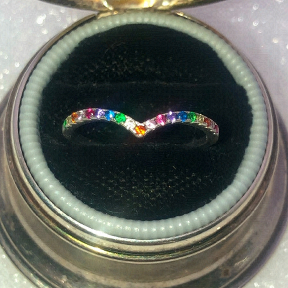 Vtg sterling rainbow multi gem stone chevron V ring sz 6.75 - Picture 9 of 15